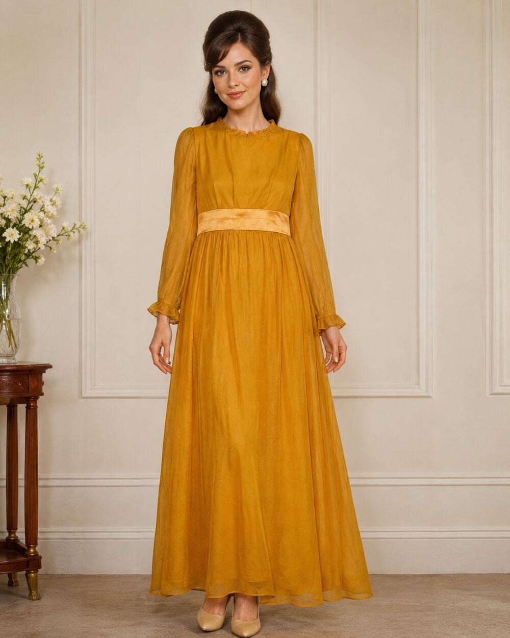 Vintage Orange Sheer Sleeve Maxi Dress Womens S 1950s Retro Modest MCM